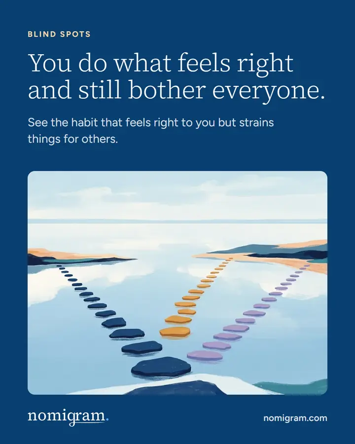 Navy Instagram ad: “You do what feels right and still bother everyone.” above a painting of stepping stones on calm water.