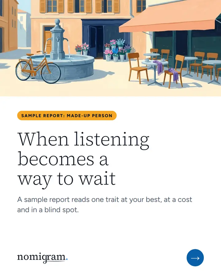 Carousel cover: a painting of a sunny café square above the line “When listening becomes a way to wait”.