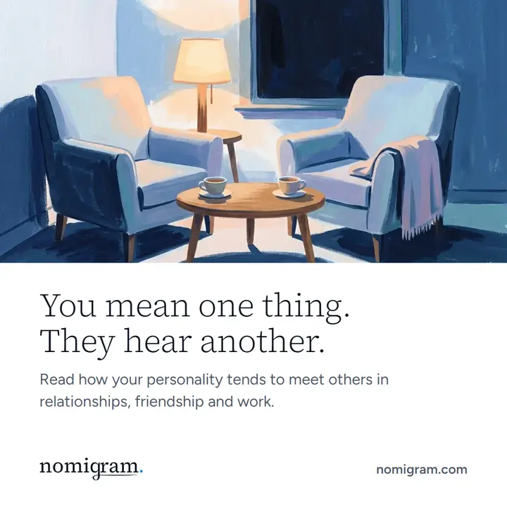 Painting of two blue armchairs at dusk, with the line “You mean one thing. They hear another.”