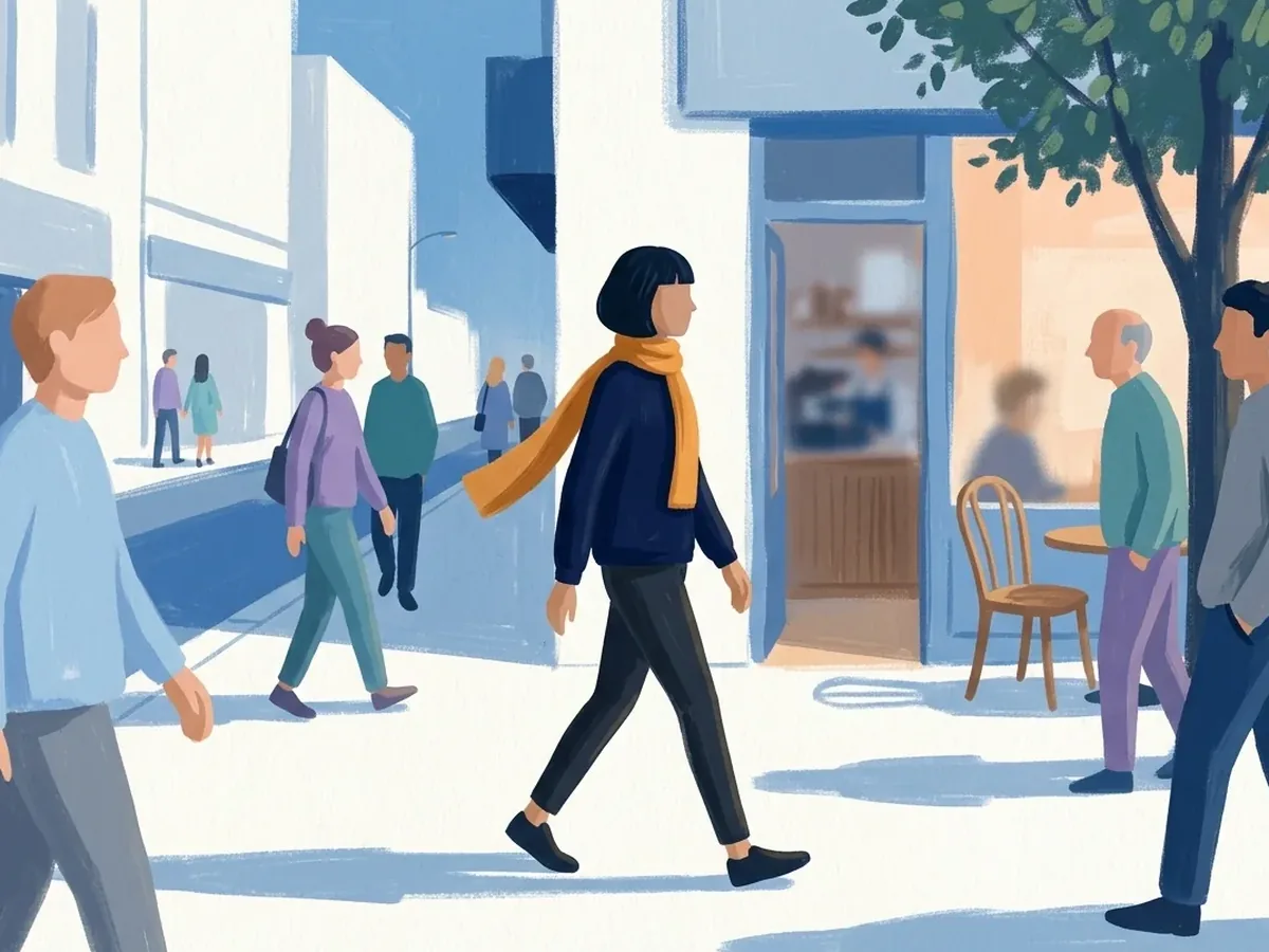 Gouache painting of a woman in a yellow scarf walking forward down a sunny street, people passing on both sides.